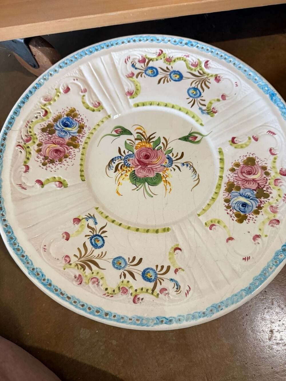 Vintage Hand Painted Italian Majolica Ceramic Floral Pedestal Cake Stand